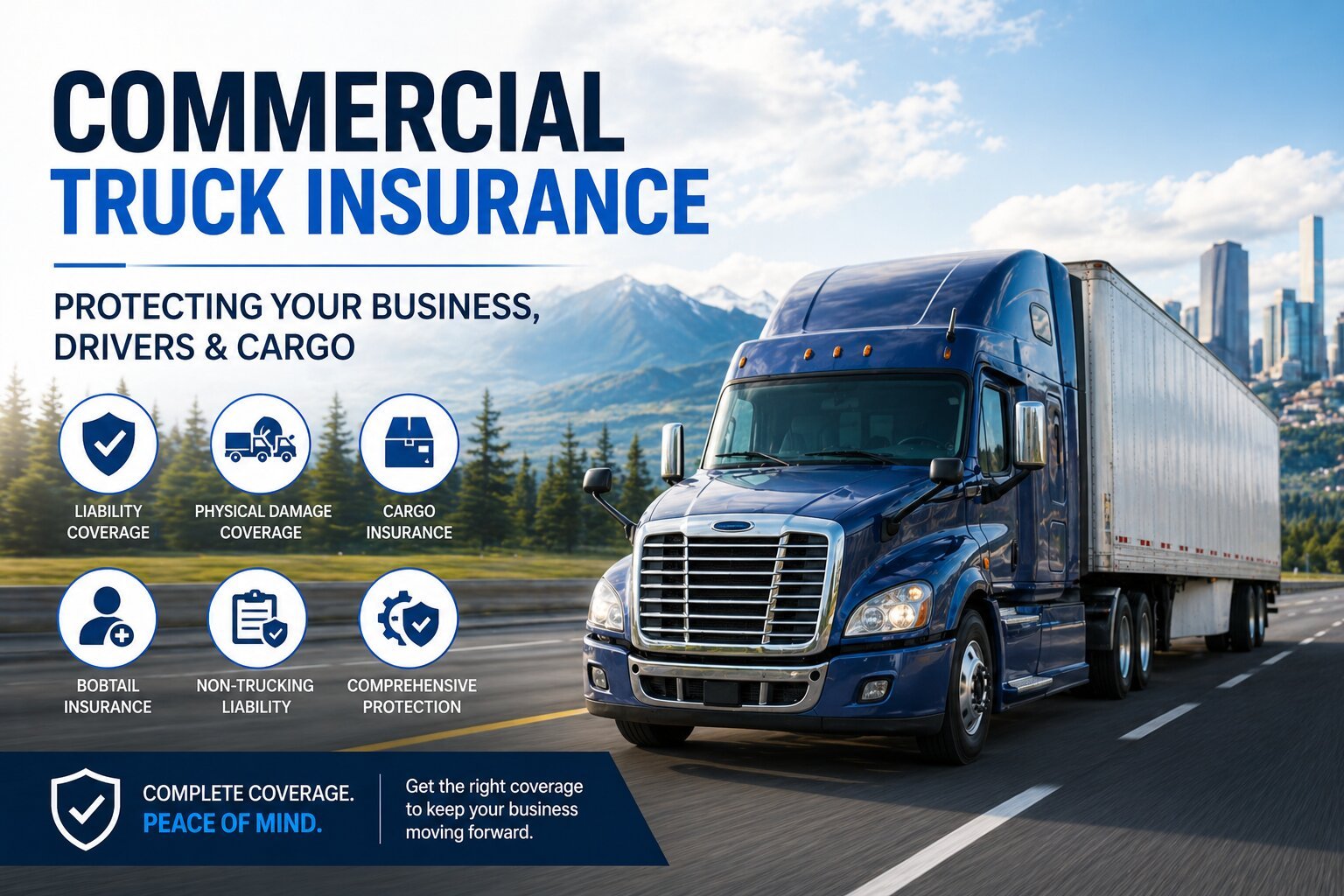 Commercial truck driving on a highway representing business truck insurance coverage and fleet protection.