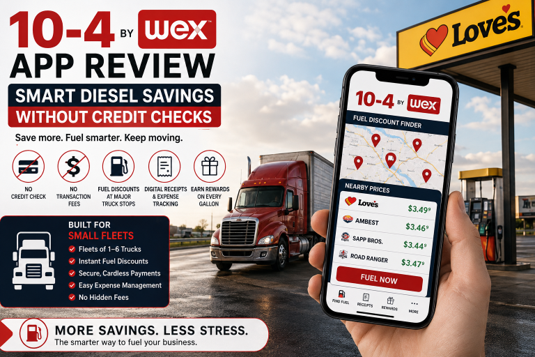 Truck driver using the 10-4 by WEX app to find diesel discounts and manage fuel savings for a small trucking fleet.