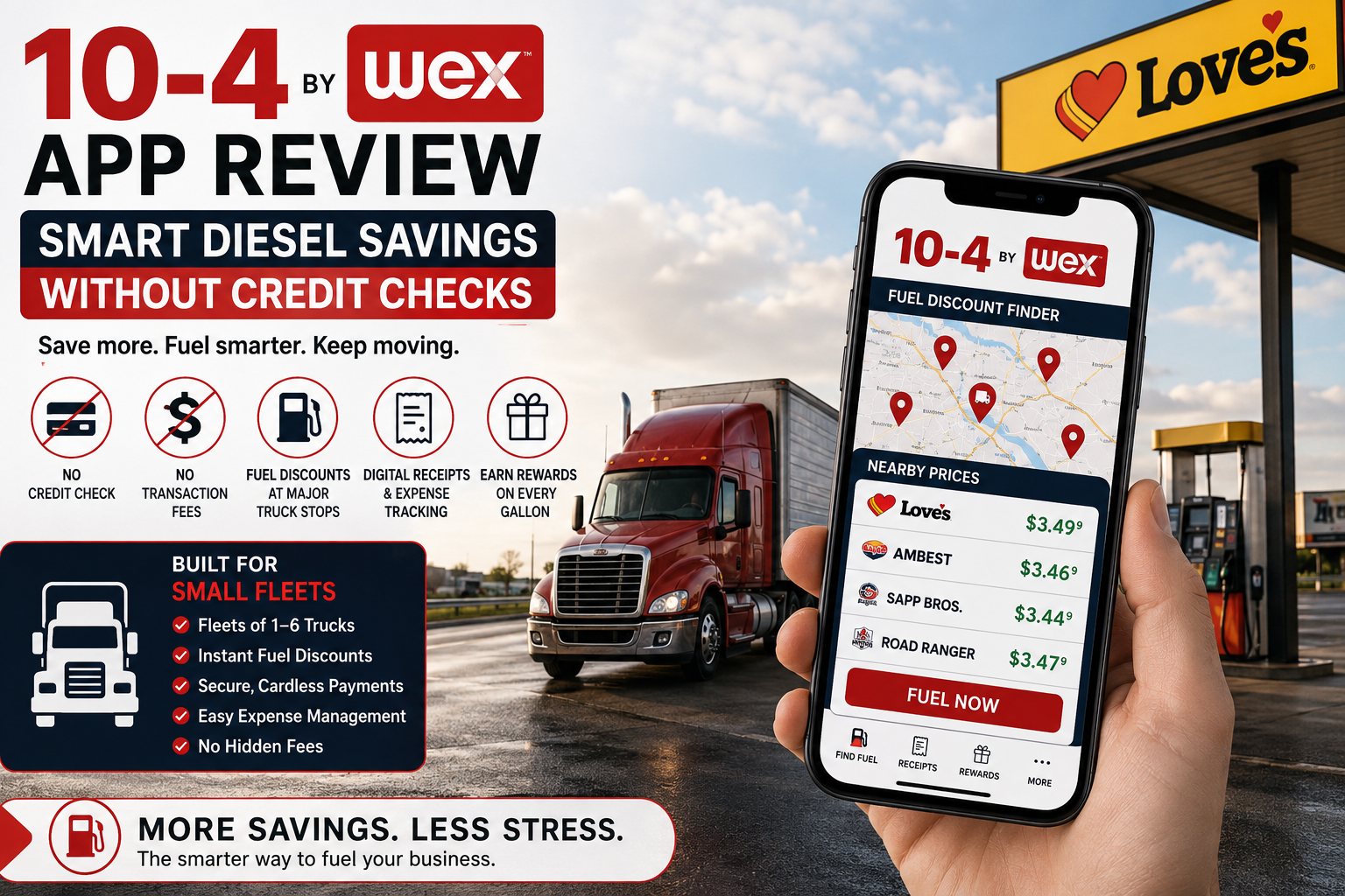 Truck driver using the 10-4 by WEX app to find diesel discounts and manage fuel savings for a small trucking fleet.