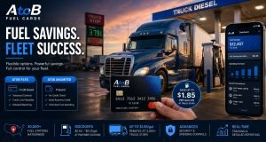 Truck driver using AtoB fuel card at a truck stop with digital fleet management dashboard and fuel savings display.