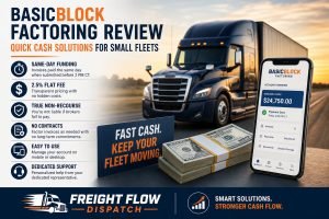 Professional trucking BasicBlock Factoring Review promotional graphic showing a semi-truck, mobile factoring app, cash bundles, and Freight Flow Dispatch branding highlighting fast payments and cash flow solutions for small fleets.
