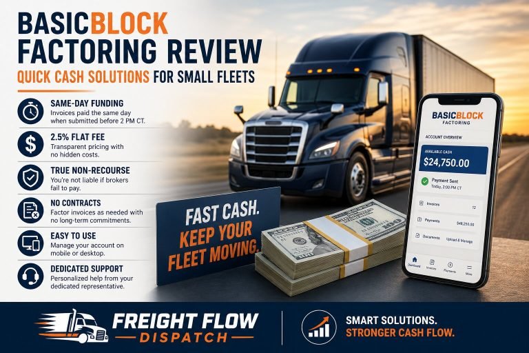 Professional trucking BasicBlock Factoring Review promotional graphic showing a semi-truck, mobile factoring app, cash bundles, and Freight Flow Dispatch branding highlighting fast payments and cash flow solutions for small fleets.