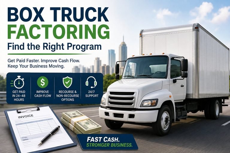 Box truck factoring infographic showing fast cash advances for trucking companies with a white box truck, invoice documents, and cash flow benefits.