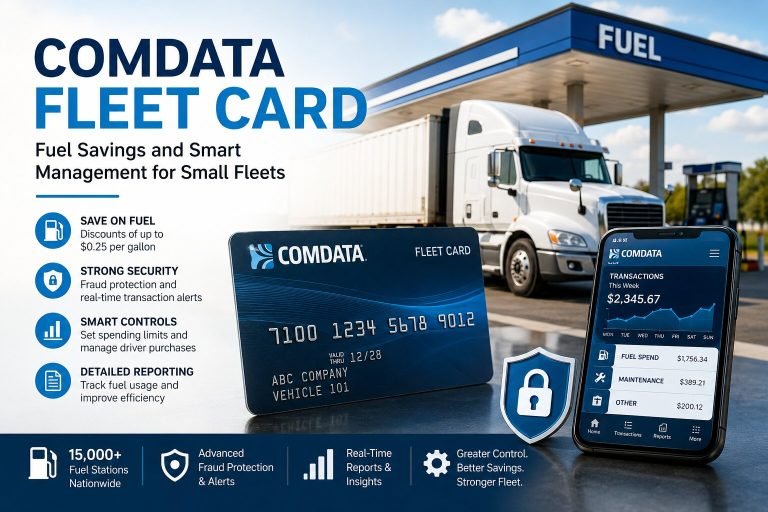 Comdata Fleet Card promotional image featuring a semi-truck at a fuel station, a fleet fuel card, and a mobile app dashboard showing fuel savings, expense tracking, fraud protection, and smart fleet management tools.
