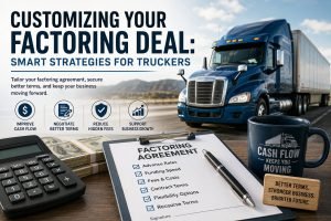 Blue semi truck beside a factoring agreement checklist, calculator, and cash flow graphics illustrating customized trucking factoring solutions for better cash flow and flexible financing.