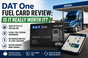 DAT One Fuel Card with semi-truck at diesel station and mobile fuel finder app showing discounted fuel locations