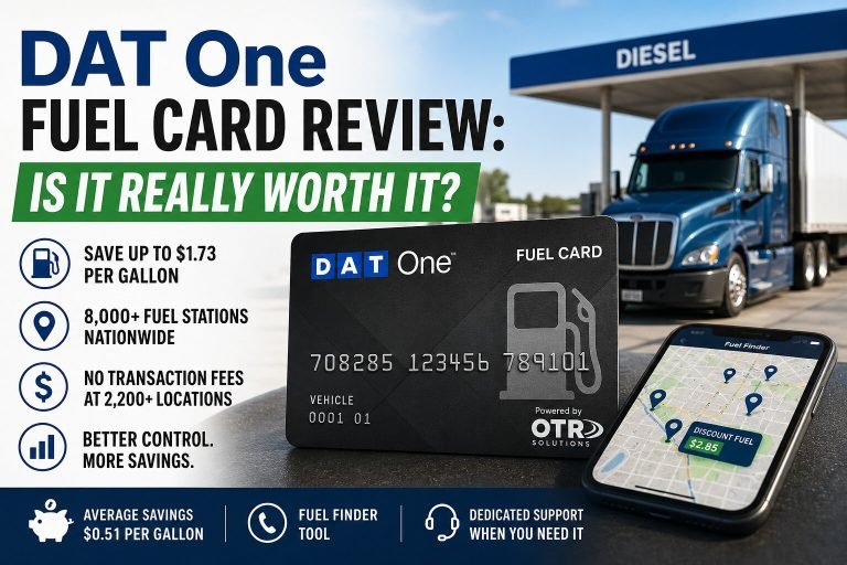 DAT One Fuel Card with semi-truck at diesel station and mobile fuel finder app showing discounted fuel locations