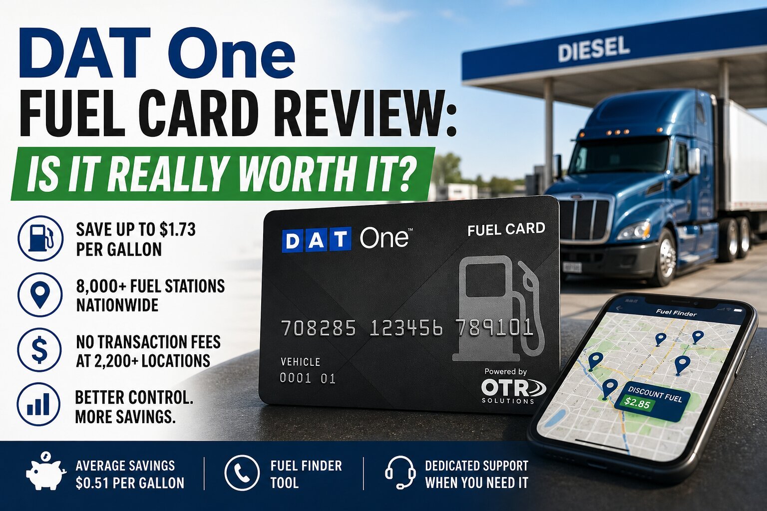 DAT One Fuel Card with semi-truck at diesel station and mobile fuel finder app showing discounted fuel locations