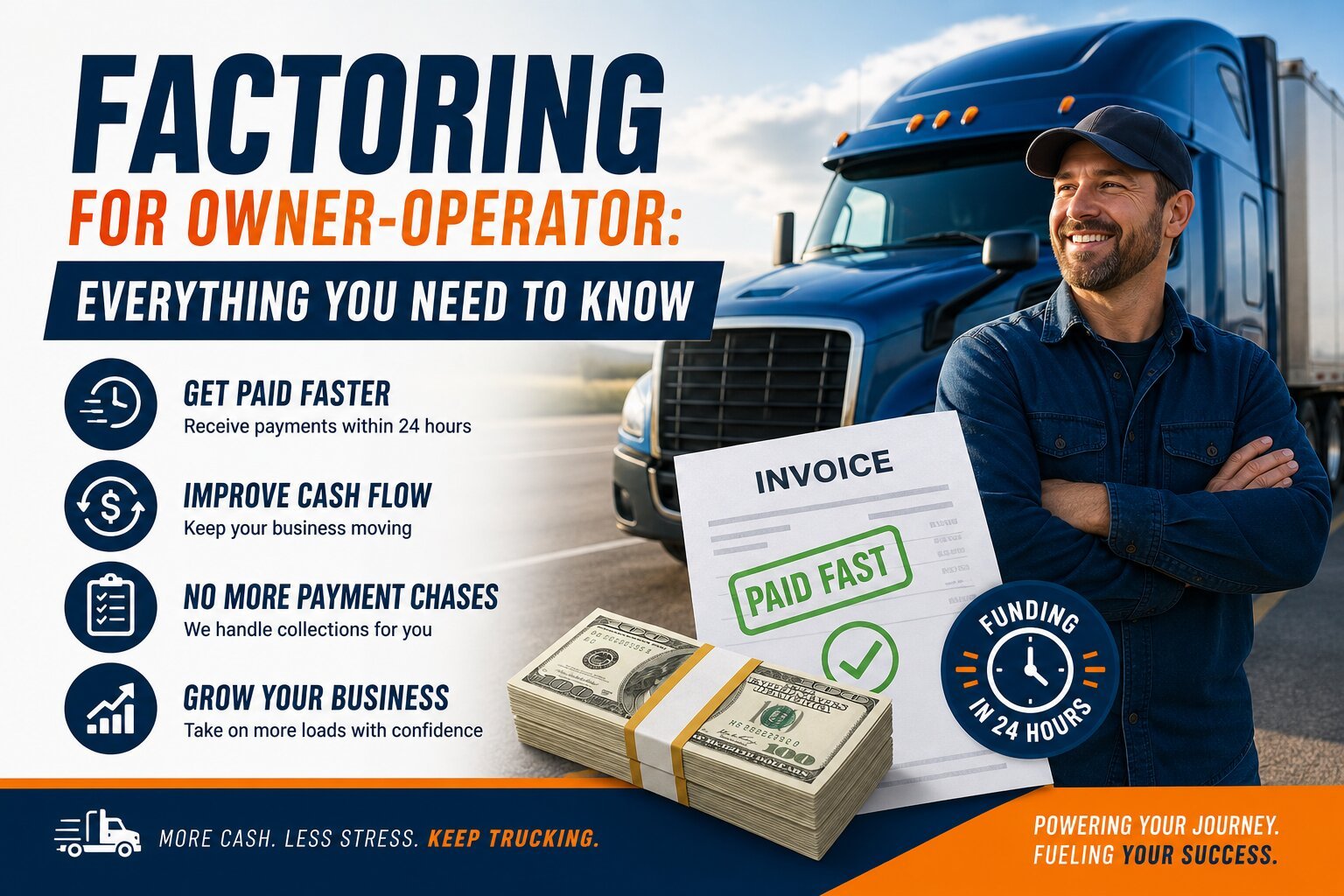 Truck driver holding invoice with “paid fast” stamp beside semi-truck, representing factoring for owner-operators