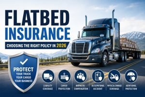 Flatbed truck driving on a highway with cargo, highlighting flatbed insurance 2026 coverage options, business protection, and trucking insurance in 2026.