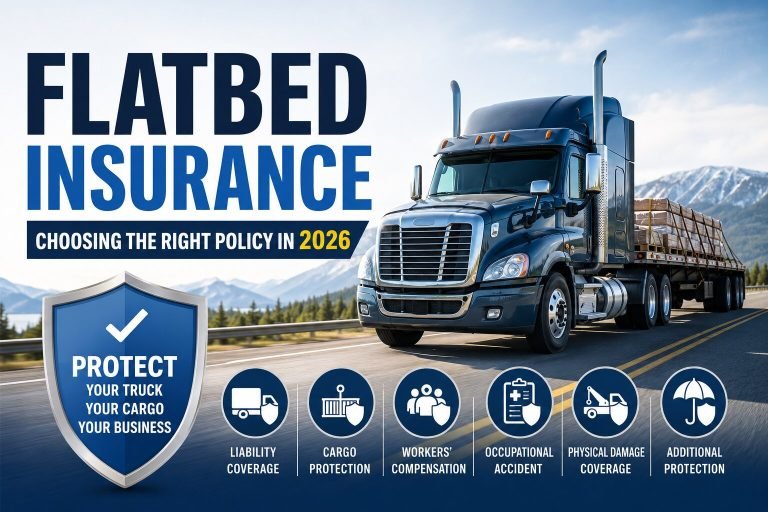 Flatbed truck driving on a highway with cargo, highlighting flatbed insurance 2026 coverage options, business protection, and trucking insurance in 2026.