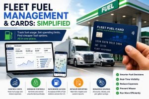 Fleet fuel management system with fuel card, trucks at gas station, and dashboard showing fuel tracking and cost control.