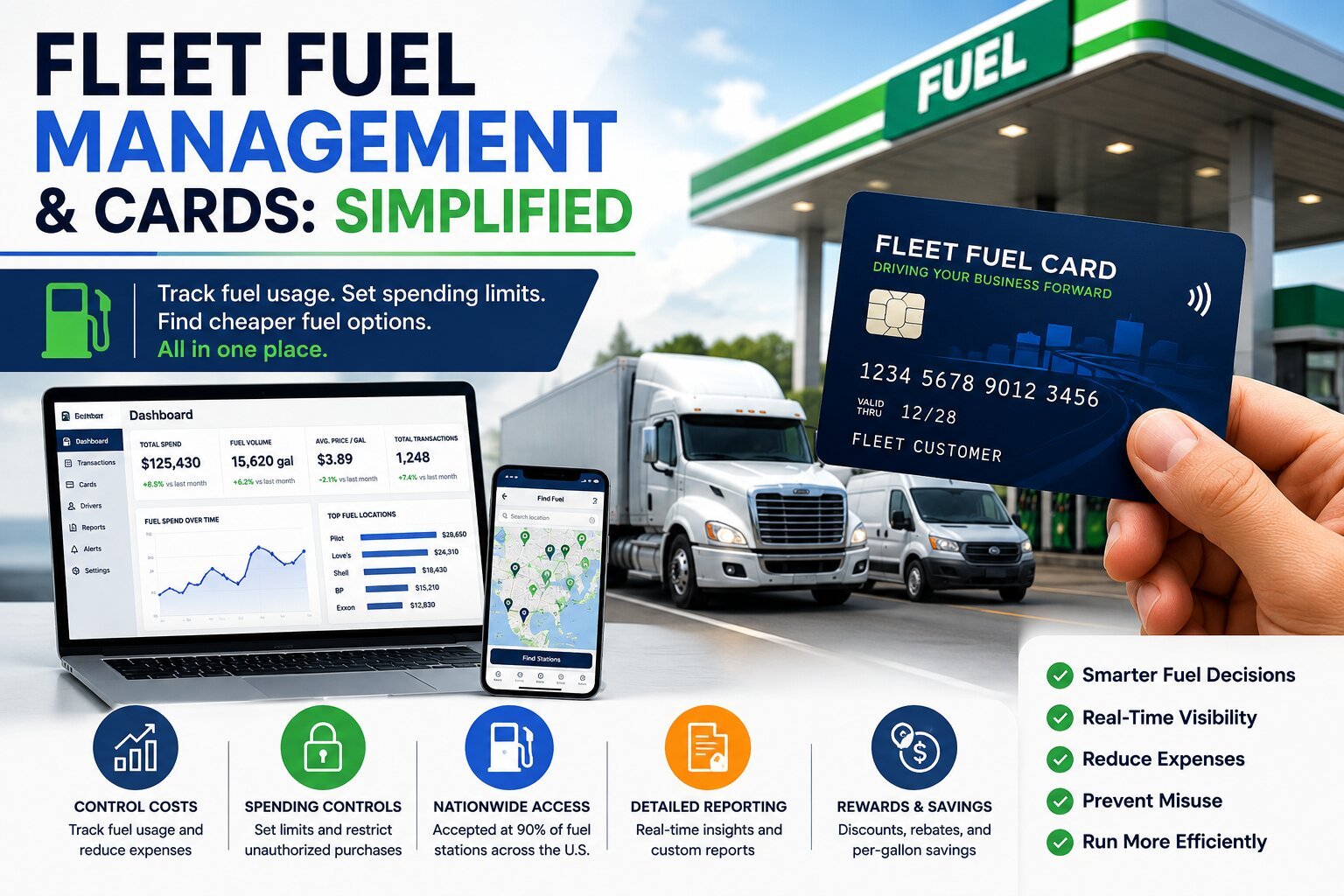 Fleet fuel management system with fuel card, trucks at gas station, and dashboard showing fuel tracking and cost control.