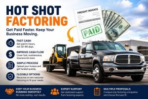 Hot Shot factoring featured image showing a heavy-duty pickup truck hauling equipment beside freight invoices and cash, highlighting fast trucking payments and improved cash flow.