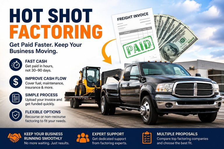 Hot Shot factoring featured image showing a heavy-duty pickup truck hauling equipment beside freight invoices and cash, highlighting fast trucking payments and improved cash flow.