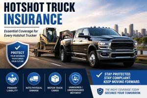 Black hotshot pickup truck hauling heavy equipment on a flatbed trailer with hotshot truck insurance coverage graphics and protection icons.