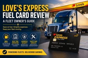 Love’s Express Fuel Card featured image with semi truck and fuel savings graphics