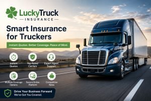 Professional semi-truck driving on a highway at sunset with digital trucking insurance branding, highlighting instant quotes, coverage options, and online policy management.