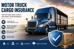 Blue semi-truck transporting cargo on a highway with Motor Truck Cargo Insurance protection and freight security graphics.