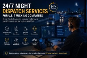 24/7 Night dispatcher monitoring U.S. trucking operations overnight with live load tracking and trucks driving on a highway at night.