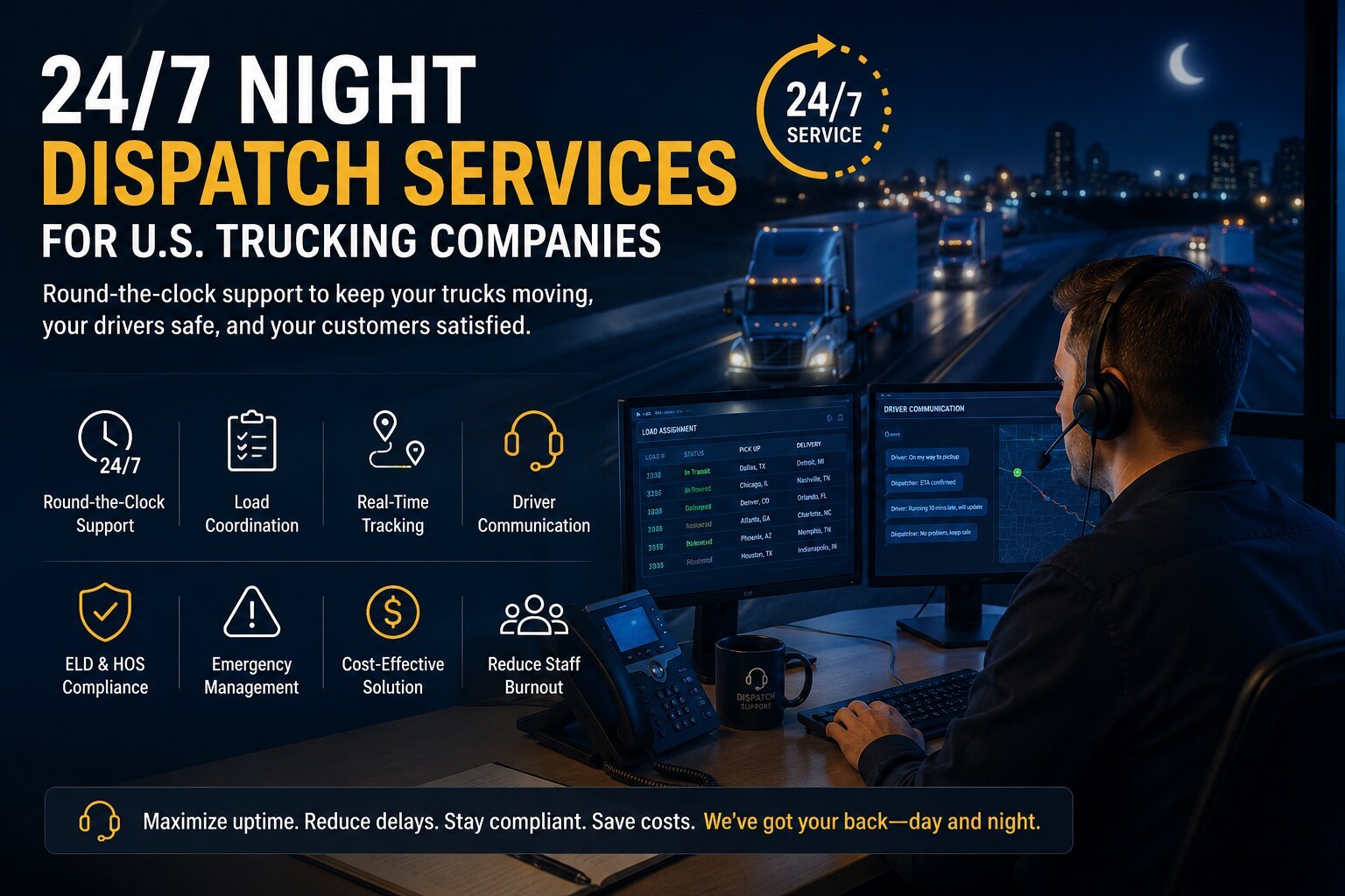 24/7 Night Dispatch Services for U.S. Trucking Companies