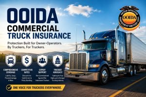 Blue semi-truck on an open highway promoting OOIDA Commercial Truck Insurance for owner-operators with coverage and trucking support highlights.
