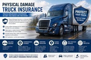 Blue semi-truck with visible front-end damage driving on a highway beside a shield graphic promoting Physical Damage Truck Insurance coverage for commercial trucking businesses.