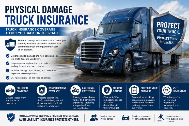 Blue semi-truck with visible front-end damage driving on a highway beside a shield graphic promoting Physical Damage Truck Insurance coverage for commercial trucking businesses.