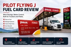 Pilot Flying J Fuel Card review featured image showing a semi truck fueling at a Pilot Flying J travel center with fuel savings and fleet management benefits.
