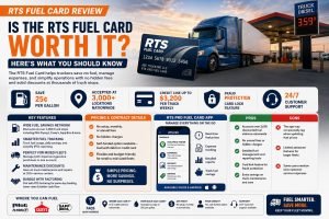 RTS Fuel Card review infographic showing fuel savings, truck stop discounts, app features, and trucking fleet benefits.