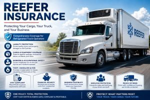 White refrigerated semi-truck driving on highway promoting reefer truck insurance coverage.
