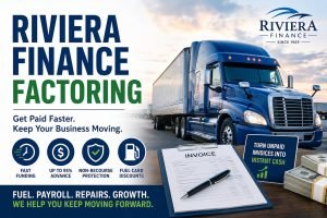 Blue semi-truck with Riviera Finance Factoring branding, invoice paperwork, and cash flow graphics promoting fast freight factoring services.