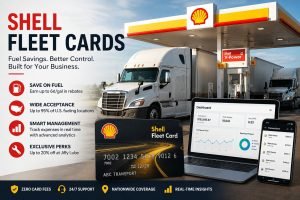 Commercial fleet trucks fueling at a Shell station with Shell fleet card branding.
