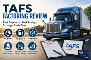 Blue semi-truck driving on a highway with TAFS Factoring Review text, highlighting fast payments, fuel discounts, non-recourse factoring, and trucking cash flow solutions.