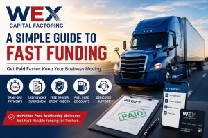 Blue semi-truck driving on highway with WEX Capital Factoring branding, same-day funding benefits, fuel card, and trucking invoice financing features.