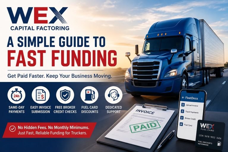 Blue semi-truck driving on highway with WEX Capital Factoring branding, same-day funding benefits, fuel card, and trucking invoice financing features.