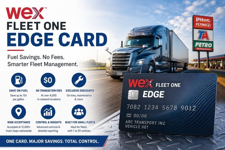 WEX Fleet One EDGE Card featured image showing a semi truck at a truck stop with fuel savings, no transaction fees, and fleet management benefits highlighted.
