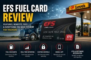 EFS Fuel Card review featured image showing a commercial semi-truck parked at a truck stop, a large EFS fuel card in the foreground, and icons highlighting fuel discounts, real-time reporting, spending controls, mobile app access, and IFTA software integration.