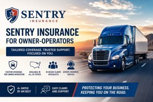 Blue semi-truck driving on a highway at sunset with a commercial trucking insurance theme for owner-operators.