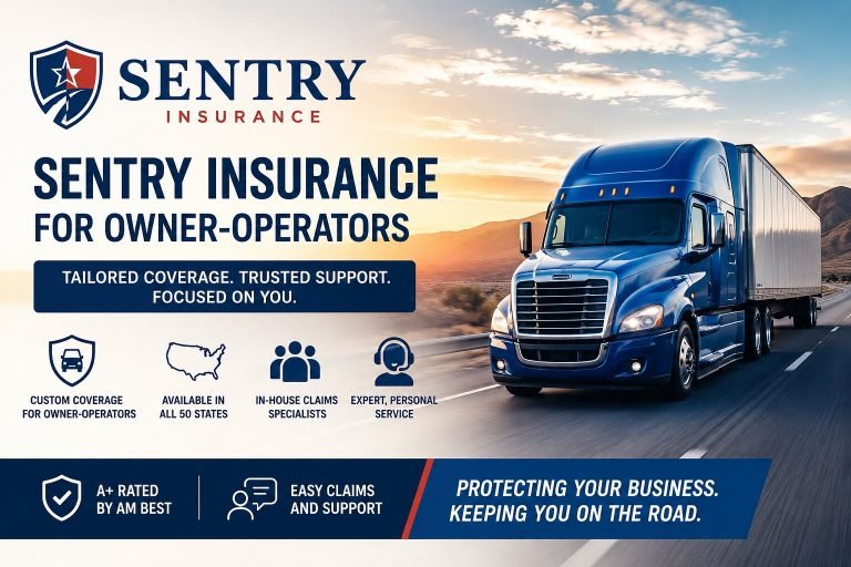 Blue semi-truck driving on a highway at sunset with a commercial trucking insurance theme for owner-operators.